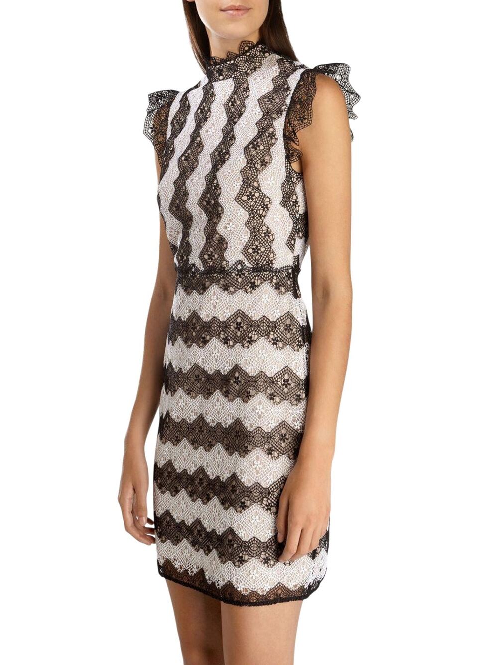 Karen Millen Lace Mini Dress US 6 UK 10 Black Ivory Mock Neck Cocktail Party